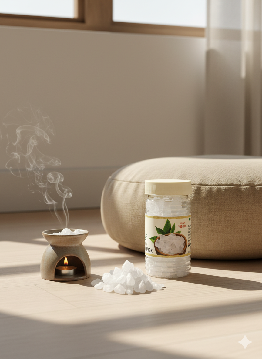 Organic Bhimseni camphor (100 grm ) Acts as an eco-friendly air purifier with a refreshing fragrance.