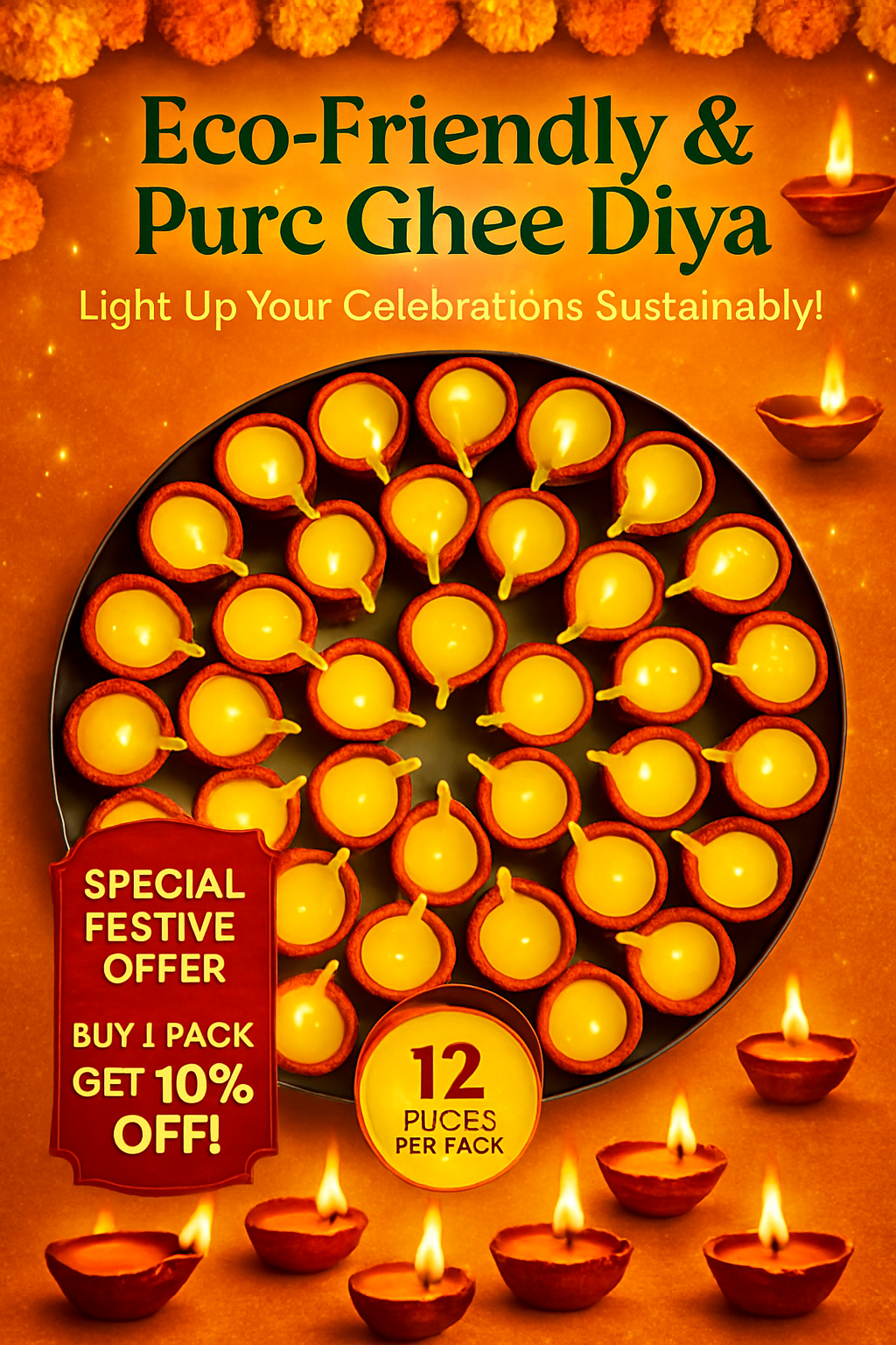 Clay Cow Ghee Diya Lamp (12 pcs)